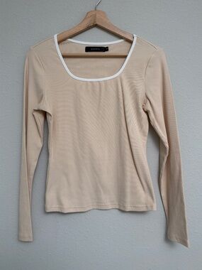 ZESICA Beige Ribbed Square Neck Long Sleeve Contrast Trim Top Small